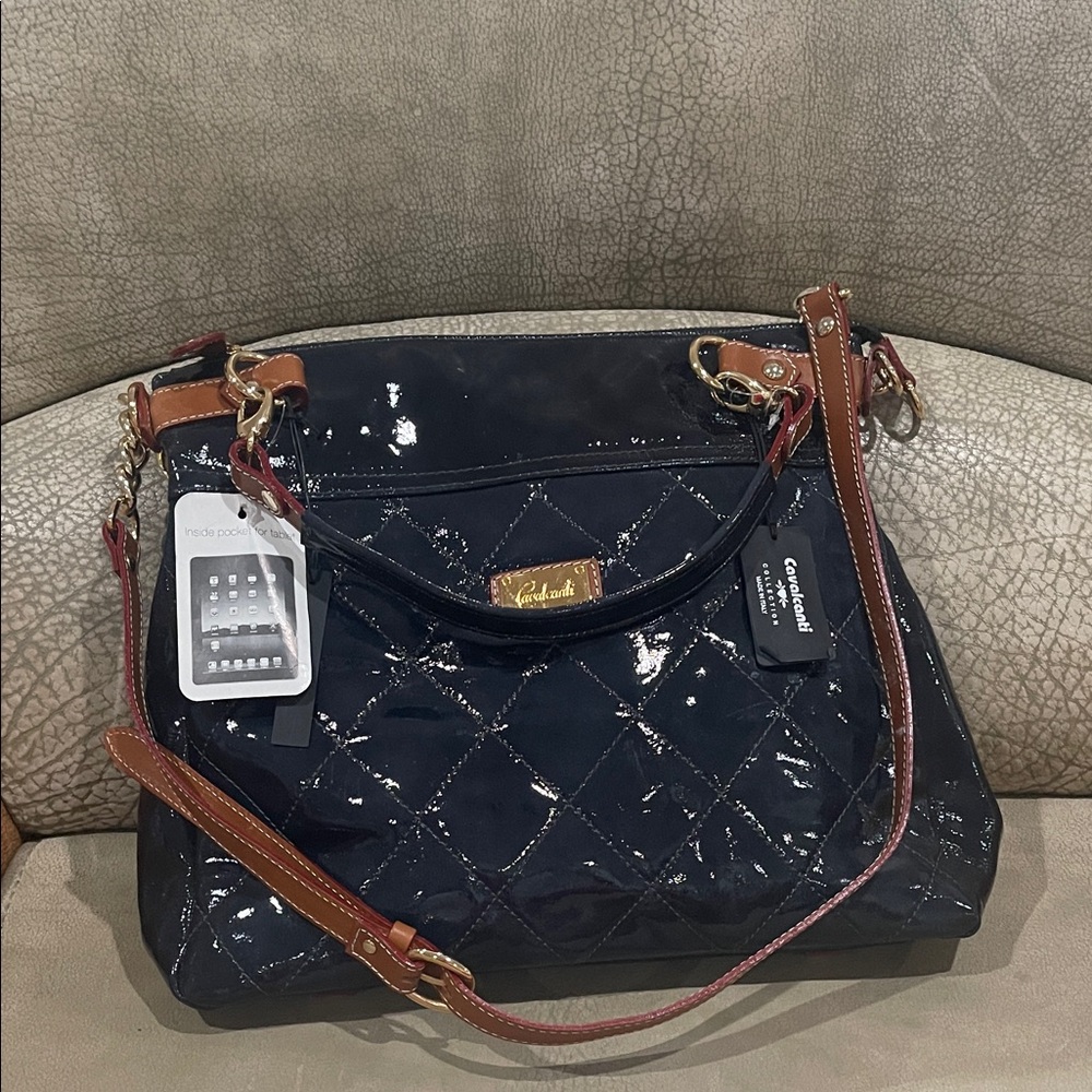 Cavalcanti Black Quilted Patent & Brown Leather Hobo Crossbody / Shoulder Bag